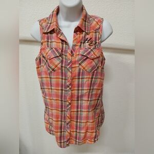 Harley Davidson Pearl Snap Plaid Embroidered Sleeveless Top
